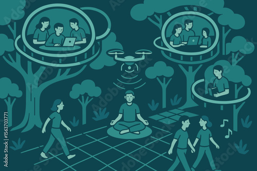 Futuristic illustration of people working and relaxing in tech-enhanced forest