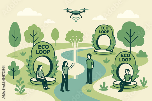 Illustration of eco-friendly outdoor spaces with circular seating areas, labeled "ECO LOOP," surrounded by greenery, a river, and a drone.