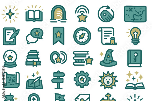 Set of mystical and magical-themed icons featuring books, scrolls, wands, stars, and compass symbols.