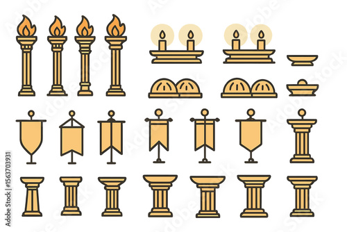Set of ancient decorative icons including candles, banners, and columns.