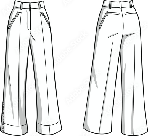 CAD drawing flat vector illustration of wide-leg trousers, front and back garment view, technical sketch detail, structured clothing layout design, fashion apparel template for sewing pattern