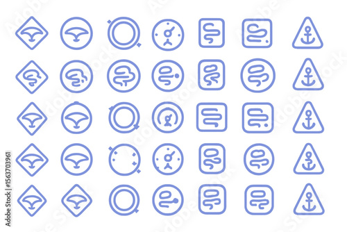 Abstract set of geometric symbols and icons with circular, triangular, and square shapes.