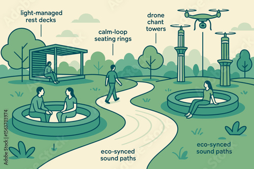 Futuristic park illustration featuring eco-friendly rest areas, sound paths, and drone towers.