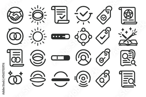 Set of minimalist icons featuring symbols of connection, documents, and search.