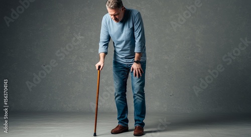 Elderly man with walking cane, experiencing pain and difficulty walking, showing signs of aging and mobility issues.