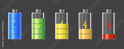 3D battery charge design on gray background. Full charge energy for mobile phone. Accumulator indicator vector icon of power level.