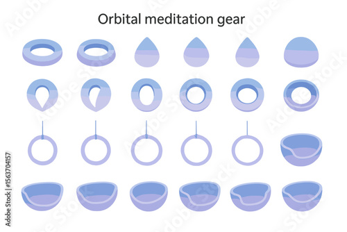 Set of abstract futuristic meditation gear, including floating rings and circular shapes.