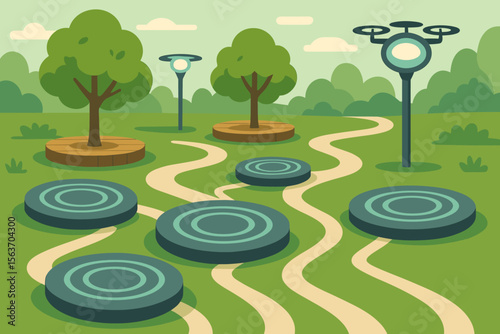 Futuristic park with glowing platforms, trees, and floating drones lighting the pathway.