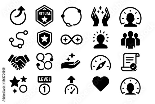 Set of mystical and ritualistic vector icons, including symbols for growth, connection, and level progression.