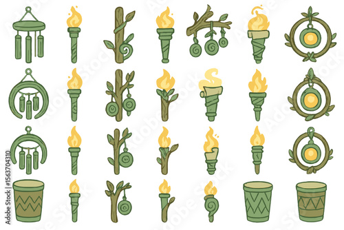 A collection of hand-drawn icons featuring torches, musical instruments, and natural elements like plants and fire.
