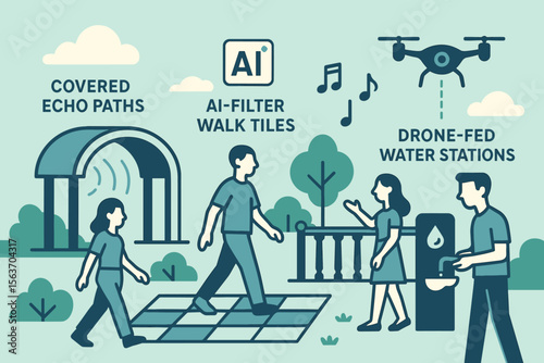 Illustration of an innovative urban environment with covered echo paths, AI-filter walk tiles, and drone-fed water stations.