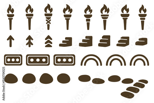 Set of dark icons including torches, arrows, rainbows, and stones.