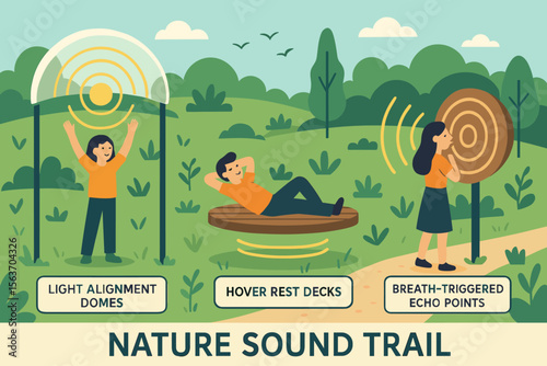 Illustration of a nature sound trail with interactive outdoor features.