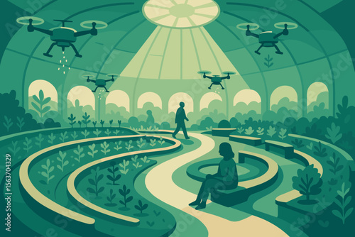 Futuristic greenhouse with drones tending indoor crops