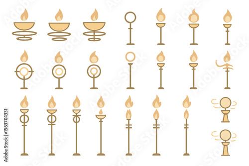 Glowing golden torch and flame icons in a stylized fantasy set