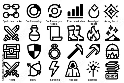 Set of fantasy RPG icons including weapons, potions, and boosts