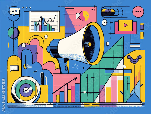 Vector Memphis Style Illustration of Digital Marketing Strategy with Charts, Megaphone, Social Media Icons, and Abstract Retro Elements