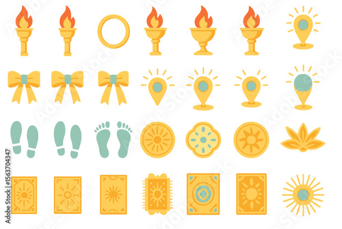 Bright ceremonial icon set with torches, bows, footprints, and sun motifs