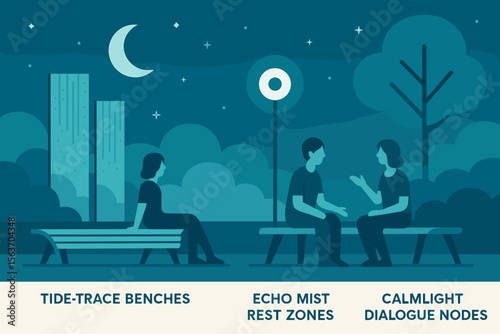 A tranquil night scene featuring modern benches, rest zones, and dialogue nodes, ideal for peaceful moments and deep conversations in nature.