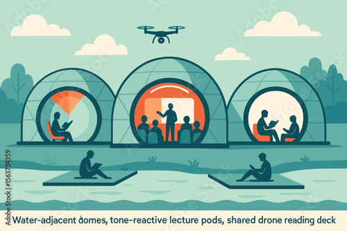 Futuristic domes by the water, featuring interactive lecture pods, a shared drone-controlled reading area, and tone-responsive technology for an immersive learning experience.