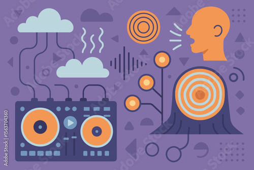 Abstract illustration of sound, speech, and tech elements in vibrant style