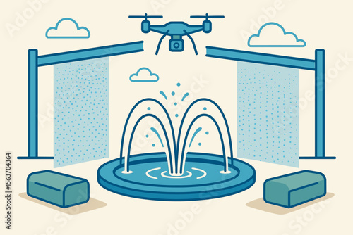 Futuristic public fountain with drone and mist walls illustration