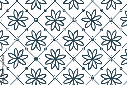 A seamless geometric floral pattern featuring stylized flowers in a diamond grid layout, with a sophisticated design using contrasting dark blue lines on a light, muted background.