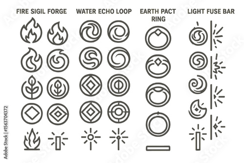 Elemental icon set featuring fire, water, earth, and light symbols
