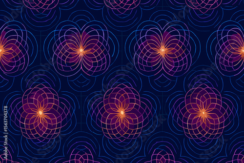 A mesmerizing geometric pattern of glowing, interconnected flowers in vibrant purple, orange, and blue hues, set against a dark background with a grid design.