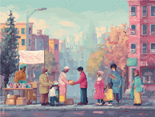 Pixel Art of a City Scene with Acts of Kindness Including Food Donation, Clothing Drive, and Children Helping Elders