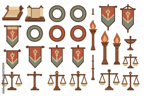 Set of symbolic icons featuring banners, scales, and torches.