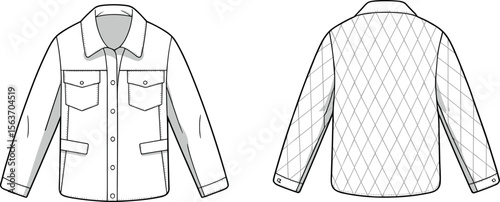 CAD drawing flat vector illustration of quilted jacket, button front design, flap chest pockets, collar and cuff detailing, front and back garment view, stylish outerwear template