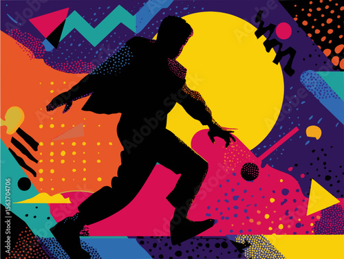 Vector Abstract of a Dancing Human Silhouette in a Bold Memphis Setting with Zigzags Dots and Triangles in Retro 80s Style