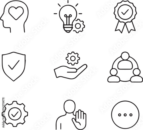 Core Values line editable icon set. Containing core values, innovation, quality, integrity, responsibility, teamwork, reliability, honesty, and more. Editable stroke. Vector illustration