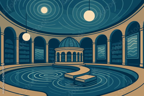A serene and abstract illustration of a circular library with arches, a central dome, and a tranquil pool with swirling water, creating a peaceful atmosphere.