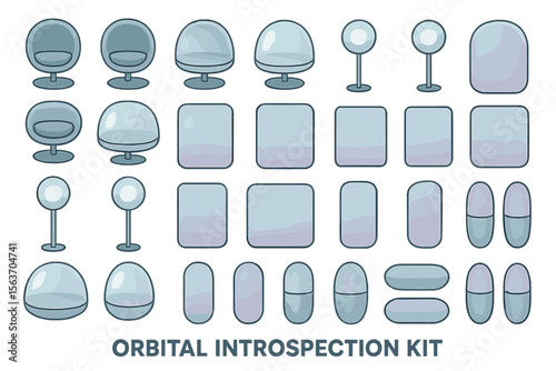 Set of futuristic and minimalist icons including introspection pods, lights, and pill designs.