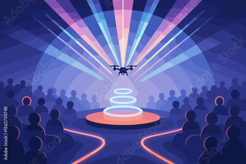 Futuristic performance scene with a drone, light show, and audience.