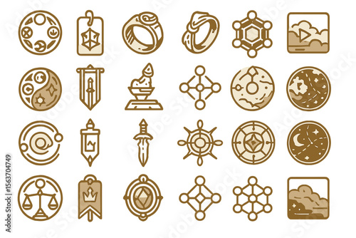 Set of fantasy game icons including rings, symbols, and magical elements.
