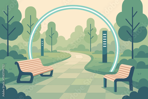 Futuristic park scene with modern benches and glowing arch in greenery