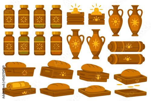 Illustration of storage items: jars, vases, scrolls, and bread in stylized containers.