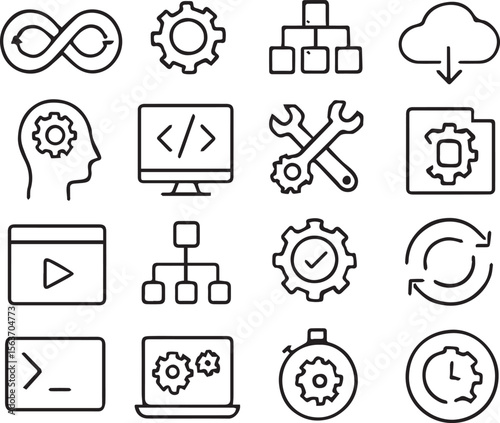 DevOps line editable icon set. Containing automation, deployment, agile workflows, software development, and more. Editable stroke. vector illustration