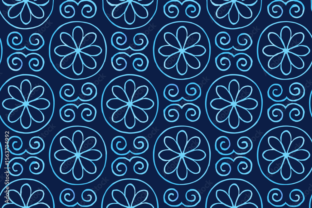 Seamless pattern featuring circular flower designs and swirly elements in blue tones.