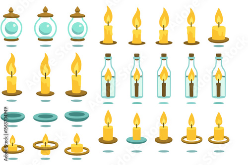Set of 16 illustrations of candles in various forms including glass jars, bottles, and traditional candle holders with flames.