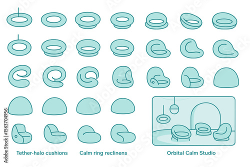 Set of futuristic seating designs including tether-halo cushions, calm ring recliners, and a serene studio environment.