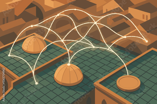 A digital illustration of rooftops connected by a glowing network of lines, symbolizing the spread of information, technology, or connectivity across a city.