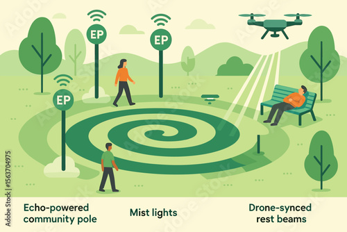 Illustration of a futuristic public park with echo-powered community poles, mist lights creating a calming atmosphere, and drone-synced rest beams enhancing relaxation.
