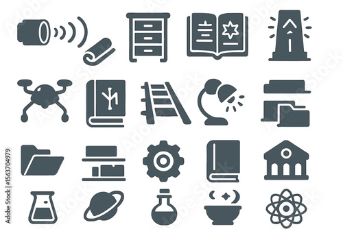 A collection of vector icons representing various objects and tools such as a spotlight, drone, bookshelf, lab flask, gears
