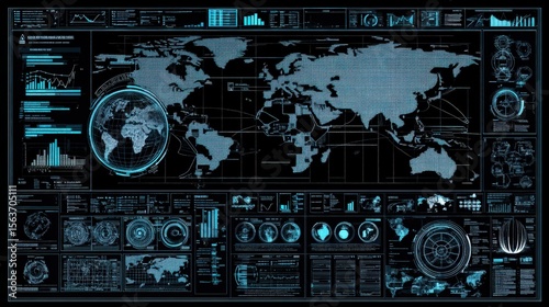 Futuristic Digital Map Interface with Data Visualizations and Analytics for Global Insights and Geospatial Analysis in Technology-Driven Environments