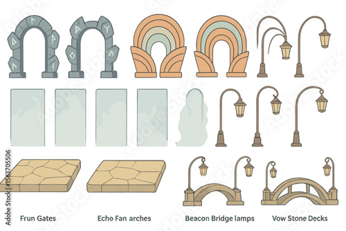 Illustration of fantasy-style architecture elements like gates, arches, and lamps.