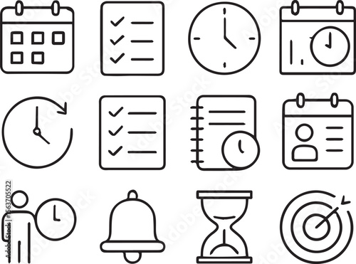 Time management line editable icon set. Containing schedule, to-do list, task, manage time, planner, calendar, delegation, reminder, timer, set priorities and more. Vector illustration